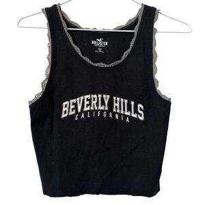 Hollister Scalloped Lace Trim Beverly Hills Cotton Crop Tank Top Black Medium